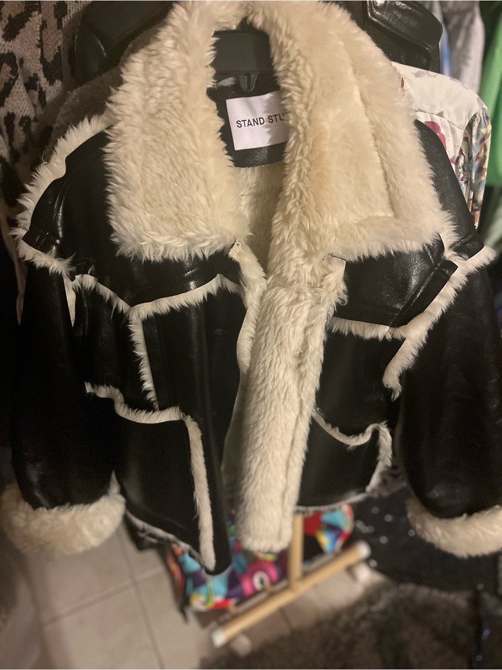 Stand Studio Black Jacket with Cream Faux Shearling Collar - Picture 8 of 8